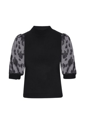Zwarte trui met korte, pofmouwen van doorschijnende stof met bloemmotief en een geribde ronde hals.