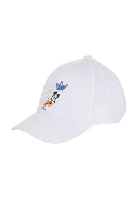 Cappellino da baseball in cotone bianco con personaggio Disney ricamato e grafiche blu. Visiera curva e parte posteriore regolabile per una vestibilità perfetta.