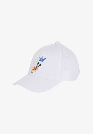 Cappellino da baseball in cotone bianco con personaggio Disney ricamato e grafiche blu. Visiera curva e parte posteriore regolabile per una vestibilità perfetta.