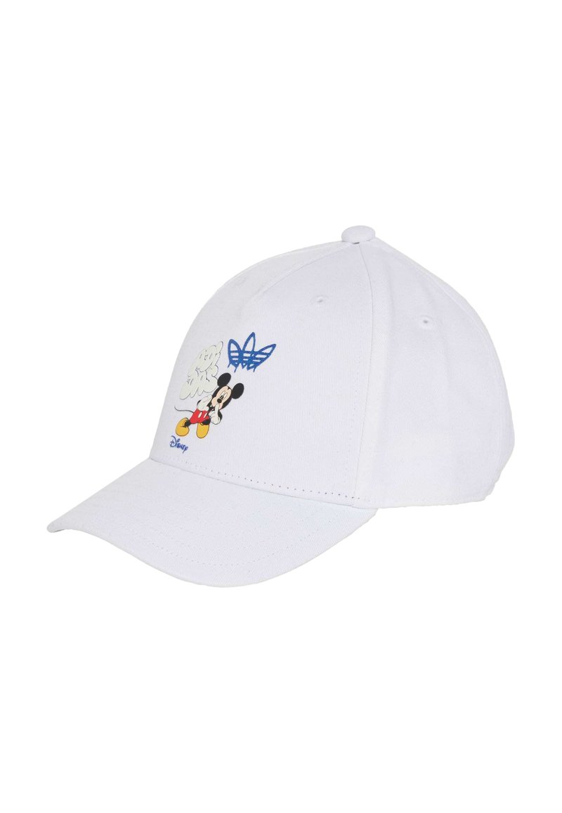 Cappellino da baseball in cotone bianco con personaggio Disney ricamato e grafiche blu. Visiera curva e parte posteriore regolabile per una vestibilità perfetta.