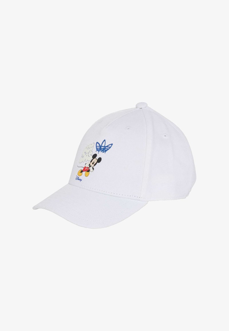 Cappellino da baseball in cotone bianco con personaggio Disney ricamato e grafiche blu. Visiera curva e parte posteriore regolabile per una vestibilità perfetta.
