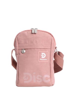 Small dusty pink crossbody bag with front zip pocket, adjustable strap, and "Discovery" logo featuring a globe icon.