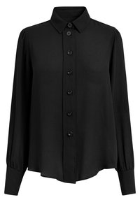 Chemise noire à manches longues avec col et ourlet arrondi, dotée d'une patte de boutonnage à l'avant et de poignets élastiques pour un effet légèrement froncé.