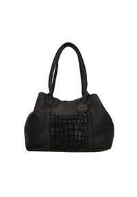 Bolso de mano de cuero negro con patrón de cocodrilo texturizado en la parte frontal, asas dobles y un charm en forma de ancla circular como acento. Acabado liso en general.