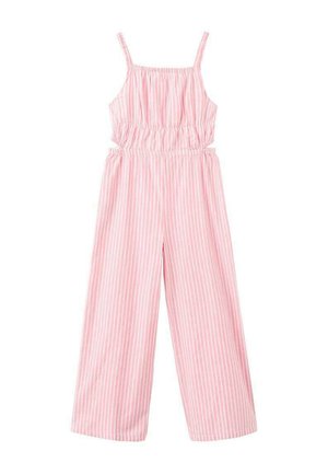 Combinaison rayée rose avec bretelles ajustables, taille élastique et coupe large. Tissu léger à rayures blanches verticales.