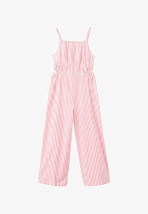 Combinaison rayée rose avec bretelles ajustables, taille élastique et coupe large. Tissu léger à rayures blanches verticales.