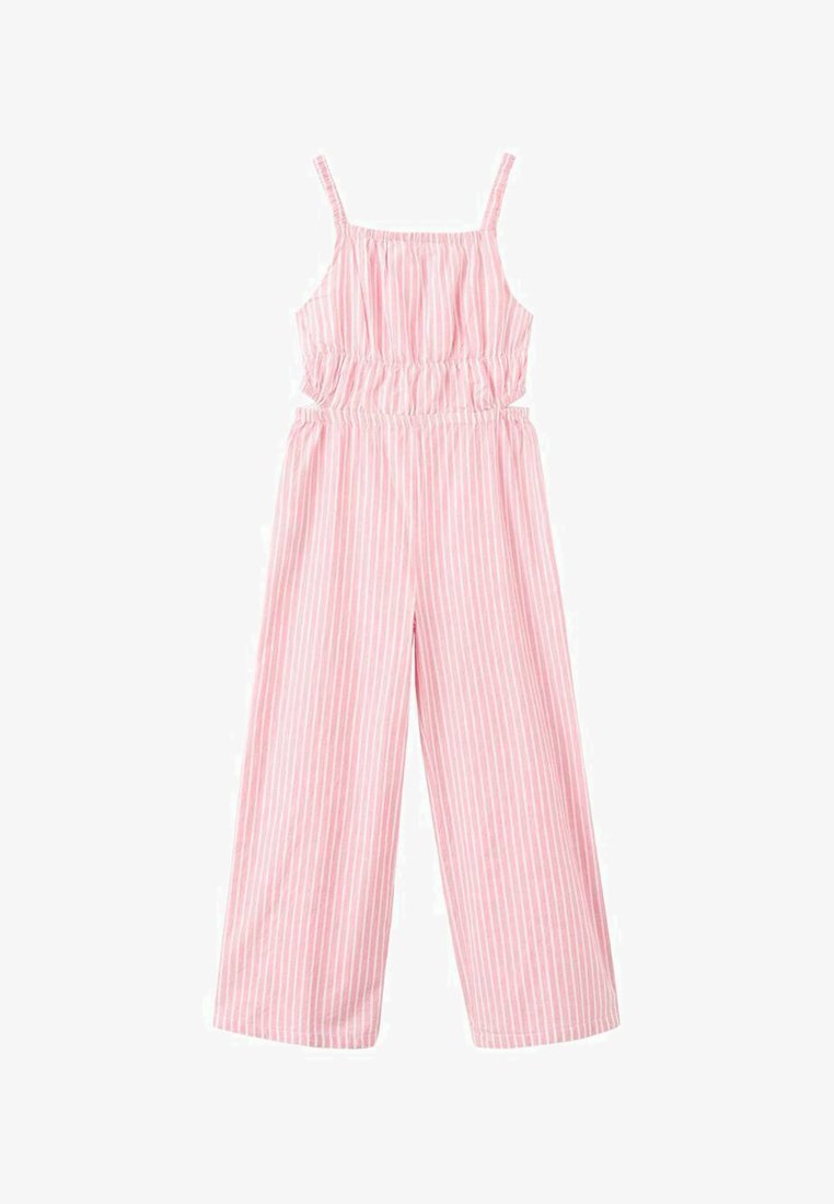 Combinaison rayée rose avec bretelles ajustables, taille élastique et coupe large. Tissu léger à rayures blanches verticales.