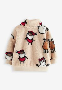 Fleece pulóver vo svetlej béžovej farbe, s vyšitými dizajnami Santa Clausa, snehuliaka a soba. Vysoký golier, rebrované manžety a lem. Mäkká textúra.