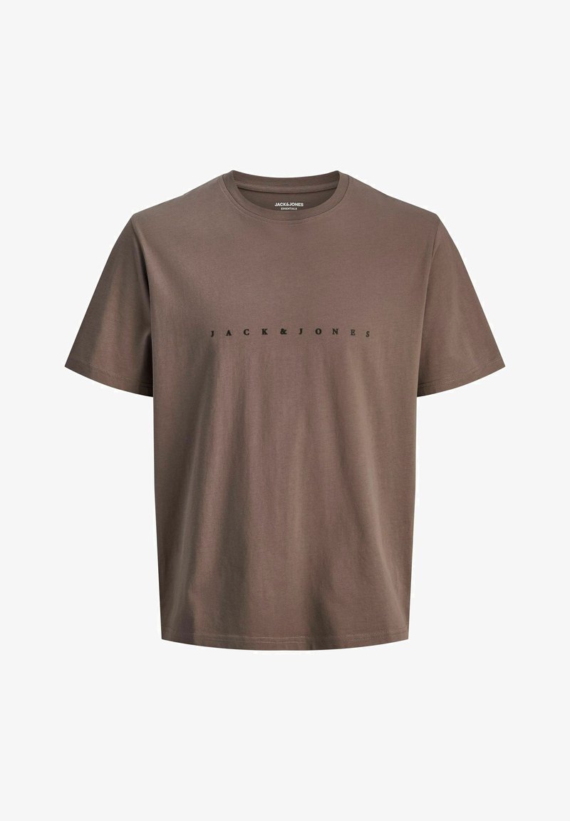 Braunes Baumwoll-T-Shirt mit kurzen Ärmeln und Rundhalsausschnitt. Mit dezentem schwarzen "JACK & JONES" Logo auf der Brust.