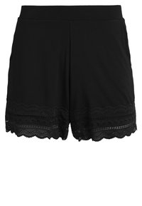 Shorts noirs en tissu doux avec une taille ajustée et un bord en dentelle orné de bords festonnés et de motifs horizontaux.