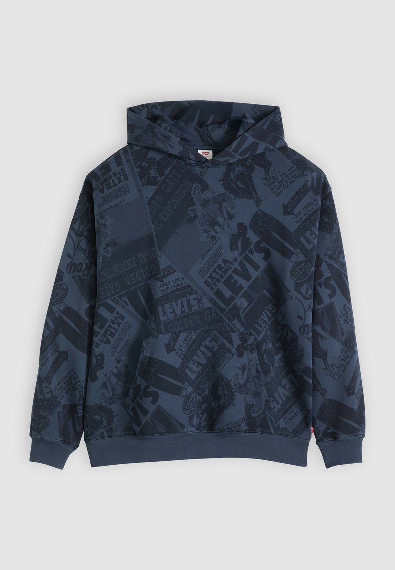Dark blue hooded sweatshirt with all-over black vintage Levi's logo and text patterns, front pocket, and ribbed cuffs and hem.