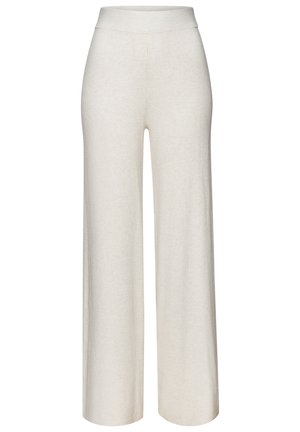 Wide-leg pants in a soft, cream-colored knit fabric. Features a high-rise elastic waistband and a smooth texture.