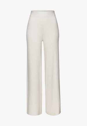 Wide-leg pants in a soft, cream-colored knit fabric. Features a high-rise elastic waistband and a smooth texture.