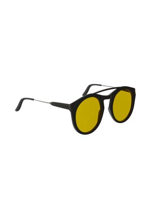 Black-framed sunglasses with round yellow lenses and thin metal temples, shown angled against a white background.