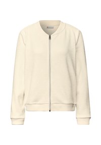 Béžová bomber bunda s texturovaným vzorem, zapínáním na zip, žebrovanými manžetami a kulatým výstřihem. Lehký materiál. Neformální design.