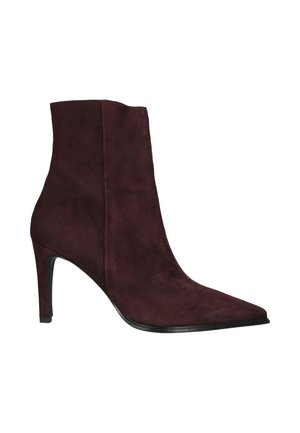 Dark brown suede ankle boot with pointed toe and mid-height stiletto heel shown from right side on white background.
