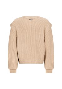 Beżowy sweter o prążkowanym wzorze z obniżonymi ramionami, długimi rękawami i okrągłym dekoltem. Posiada metkę z logo na plecach. Miękka tekstura.