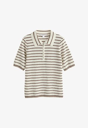 Next, REGULAR FIT - QUARTER ZIP SHORT SLEEVE KNITLOOK POLO SHIRT - Poloshirt - ecru brown stripe