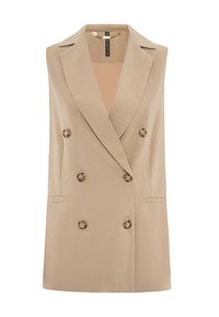 Blazer senza maniche beige con design doppiopetto, rever a punta, sei bottoni decorativi e tasche laterali per funzionalità.