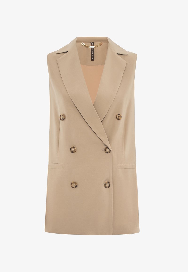 Blazer senza maniche beige con design doppiopetto, rever a punta, sei bottoni decorativi e tasche laterali per funzionalità.