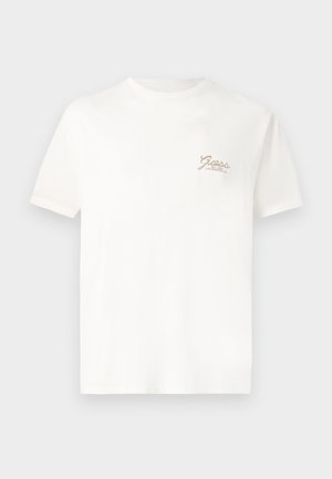 T-shirt bianca in cotone con maniche corte. Presenta un piccolo logo beige sul lato sinistro del petto. Collo rotondo semplice e classico.