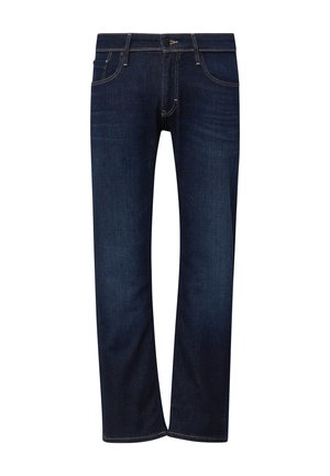 Dunkelblaue Jeans mit geradem Bein, vorn mit Knopfverschluss, Gürtelschlaufen sowie kontrastierenden Nähten an Taschen und Nähten.