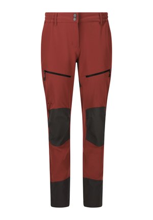Red outdoor pants with a black knee area, featuring two zippered pockets and a waistband with two buttons for secure closure.