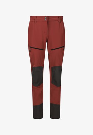 Red outdoor pants with a black knee area, featuring two zippered pockets and a waistband with two buttons for secure closure.