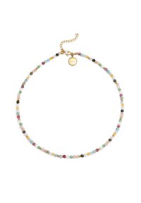 Beaded necklace featuring multicolored gemstones and gold accents, with a delicate chain and a lobster clasp for closure.