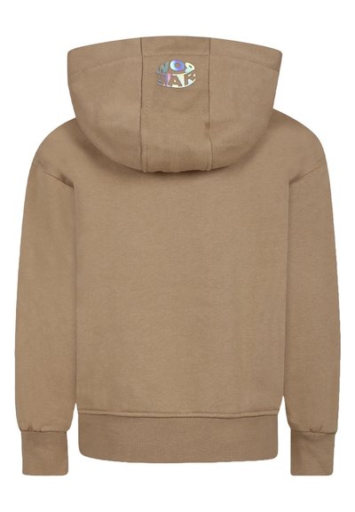 Felpa marrone con cappuccio, con polsini e orlo a costine, caratterizzata da un logo iridescente sul retro. Tessuto morbido con una superficie liscia.