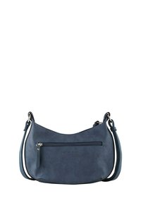 Navyblaue Schultertasche aus Leder mit einer geschwungenen Form, ausgestattet mit einer frontalen Reißverschlusstasche und einem verstellbaren Trageriemen. Strukturierte Oberfläche und minimale Details.
