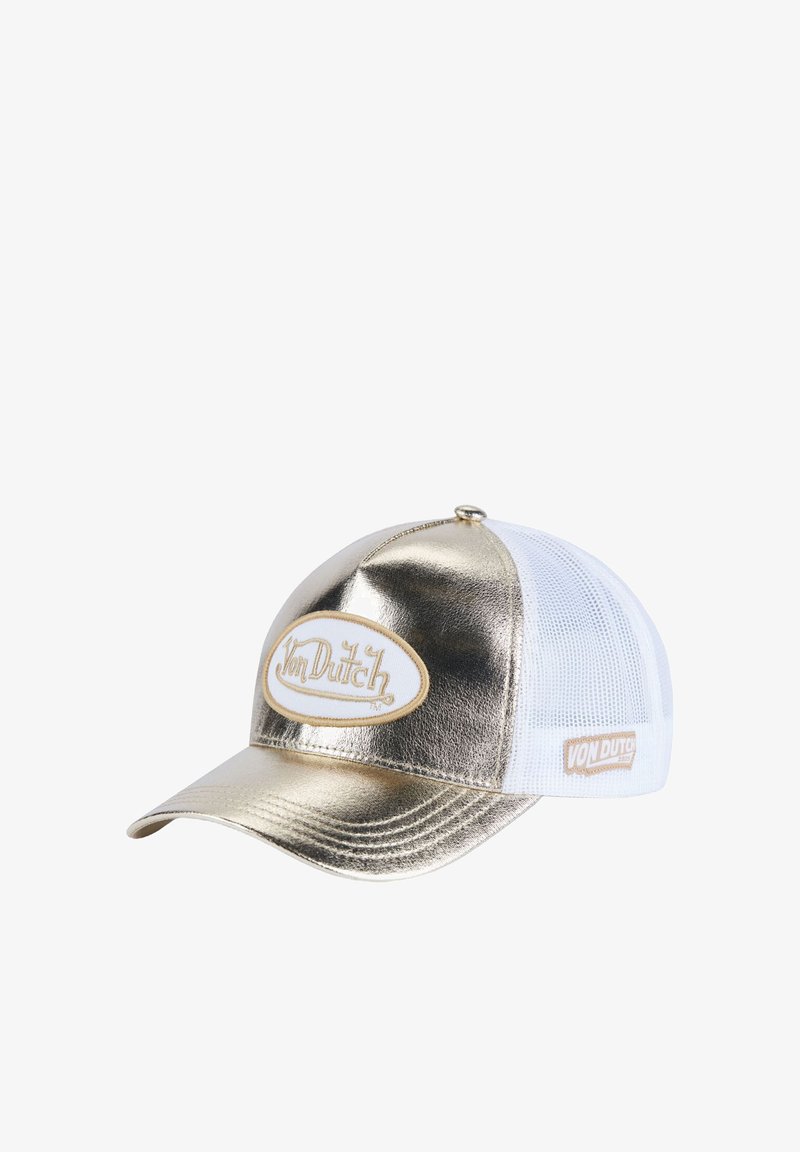 Metallic gold Baseballcap mit Front- und Schirm, weißem Netzrücken und Von Dutch-Logo-Patches auf der Vorderseite und der Seite.