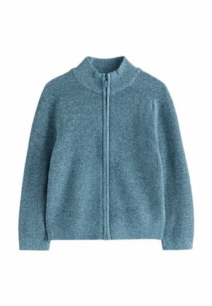 Knitted blue cardigan with a high collar, full-length zipper, textured fabric, and ribbed accents at the cuffs and hem.