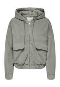 Sweat à capuche zippé en velours côtelé gris clair avec cordons de serrage, deux poches à rabat sur le devant, et poignets et ourlet élastiques.