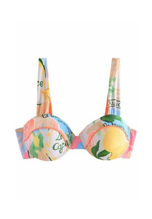 Colorful padded bra with wide shoulder straps featuring abstract and fruit-themed patterns including lemons and green leaves.