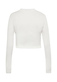 Weißes, geripptes Longsleeve-Crop-Top mit rundem Ausschnitt und glatter Textur, das enganliegende Ärmel und ein schlichtes Design aufweist.