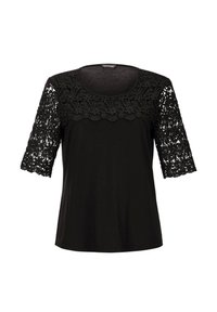 Schwarzes kurzärmliges T-Shirt mit floraler Spitzenverzierung an Schultern und Ausschnitt. Weicher Stoff mit Rundhalsausschnitt, lässige Passform.