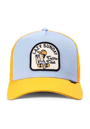 Light blue and yellow trucker cap featuring patch with person drinking coffee and text "Lazy Sunday Coffee Club."