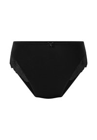 Schwarze Bikini-Briefs mit glattem Vorderteil und floralen Spitzenakzenten an den Seiten, abgerundet mit einem kleinen Schleifendetail am Bund.