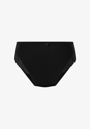 Schwarze Bikini-Briefs mit glattem Vorderteil und floralen Spitzenakzenten an den Seiten, abgerundet mit einem kleinen Schleifendetail am Bund.