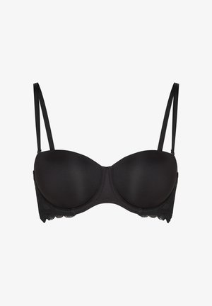 Fekete párnázott balconette melltartó állítható vékony pántokkal és csipke szegéllyel az alsó szélen.