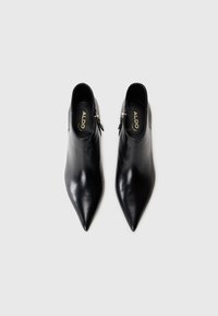 Bottines en cuir noir à bout pointu et fermeture éclair sur le côté, vues d'en haut sur un fond gris clair, marquées ALDO à l'intérieur.