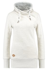 Vaaleanbeige collegepaita, jossa on korkea kaulus ja viistekuvioinen vuori. Varustettu hopeansävyisillä naruilla, sivutaskuilla ja ribbausviimeistelyllä hihansuissa.