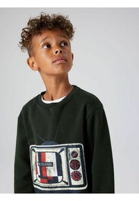 Mørkegrønn genser med et retro TV-design og teksten "NO SIGNAL". Trykket har røde og blå aksenter samt teksturerte detaljer.