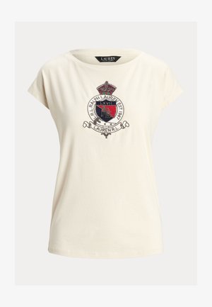 T-shirt in cotone color crema con colletto rotondo, maniche corte e stemma ricamato con dettagli in rosso, blu e argento.