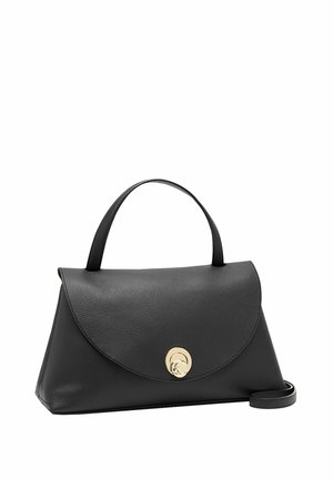 Borsa a tracolla in pelle nera con forma strutturata, chiusura a ribalta arrotondata e dettagli circolari in oro. Include una maniglia superiore e una tracolla removibile.