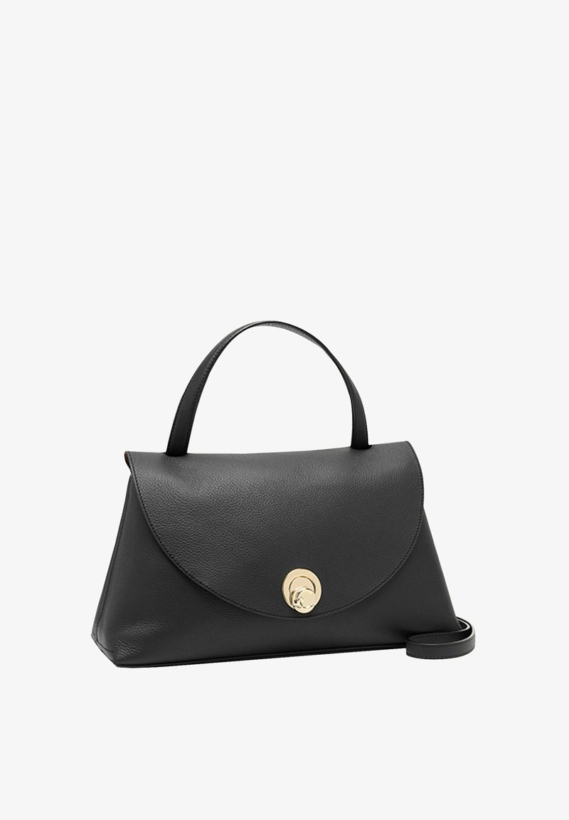 Sort læder håndtaske med en struktureret form, rund flaplukning og gyldne cirkulære detaljer. Inkluderer et top håndtag og en aftagelig rem.