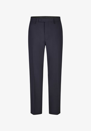 Granatowe, męskie spodnie na miarę z szlufkami na pasek, zapięciem z przodu i prostymi nogawkami.