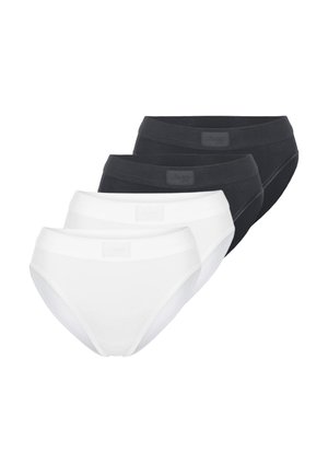 Quatre culottes féminines en noir et blanc, disposées en deux paires, montrant une vue de face avec des ceintures de taille à marque.