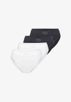 Quatre culottes féminines en noir et blanc, disposées en deux paires, montrant une vue de face avec des ceintures de taille à marque.
